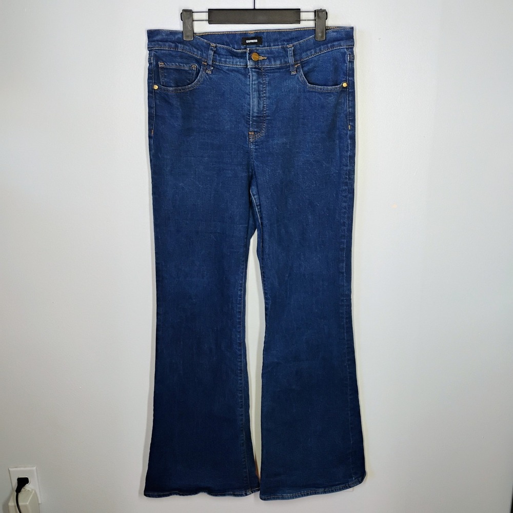 Express 70s Flare Mid Rise Denim Jeans Dark Wash Womens 12R‎ Boho Hippie Stretch